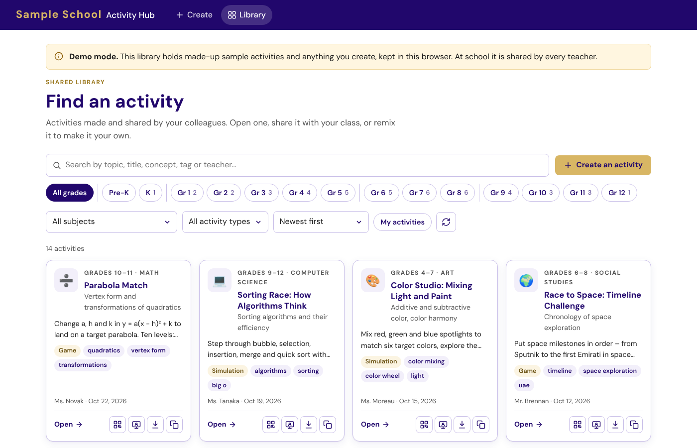 The Activity Hub library: search, grade filters and activity cards with tags